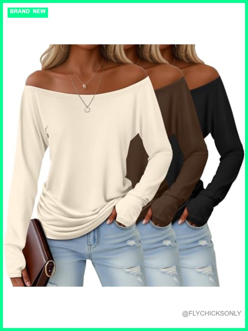 Womens Off The Shoulder Boat Neck Top 3 Pack Long Sleeve Thumbhole Tunic Tee
